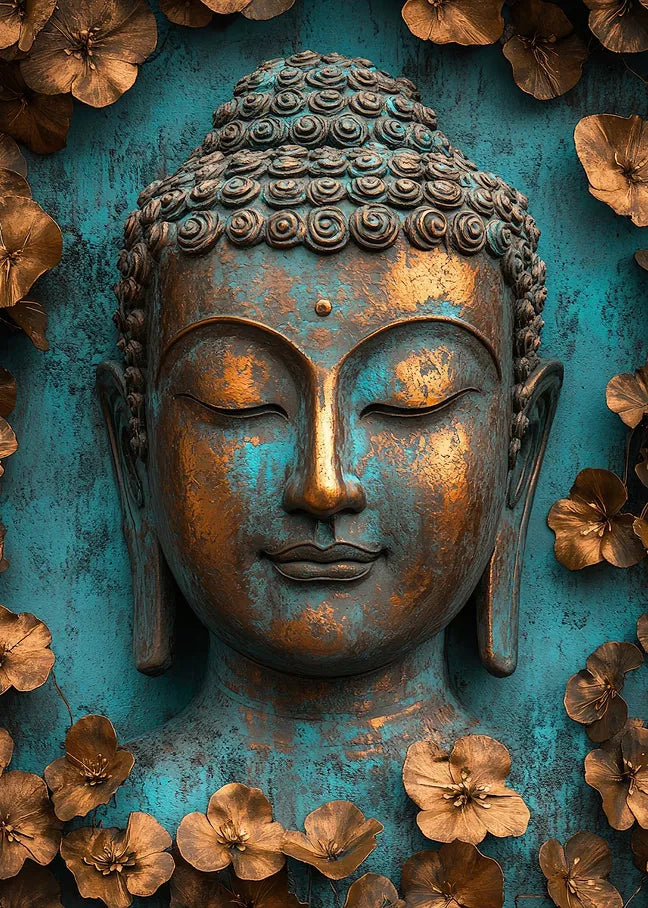 Detaillierte 3D-Illustration eines Buddha-Gesichts aus Bronze mit goldener Patina, umrahmt von metallischen Blumen auf türkisblauem Grund.