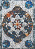 Abstrakte digitale Illustration der heiligen Geometrie mit kosmischen Nebeln, Goldadern und saphirblauen Elementen in einem symmetrischen Design.