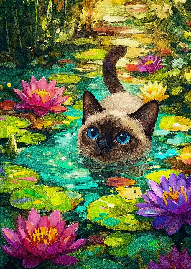Malerische Illustration einer kleinen Siamkatze, die durch leuchtend grüne Blätter und bunt blühende Wasserlilien schwimmt, gemalt in lebhaften Acrylfarben.