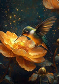 Magisches Kunstwerk eines smaragdgrünen Kolibris an einer goldenen Blume mit glitzerndem Sternenstaub-Effekt im Stil eines Ölgemäldes.