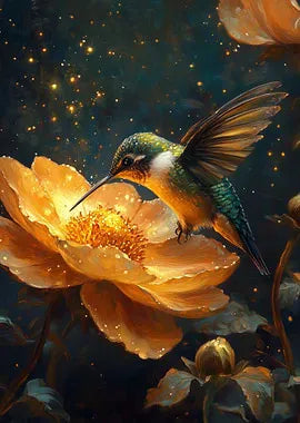 Magisches Kunstwerk eines smaragdgrünen Kolibris an einer goldenen Blume mit glitzerndem Sternenstaub-Effekt im Stil eines Ölgemäldes.