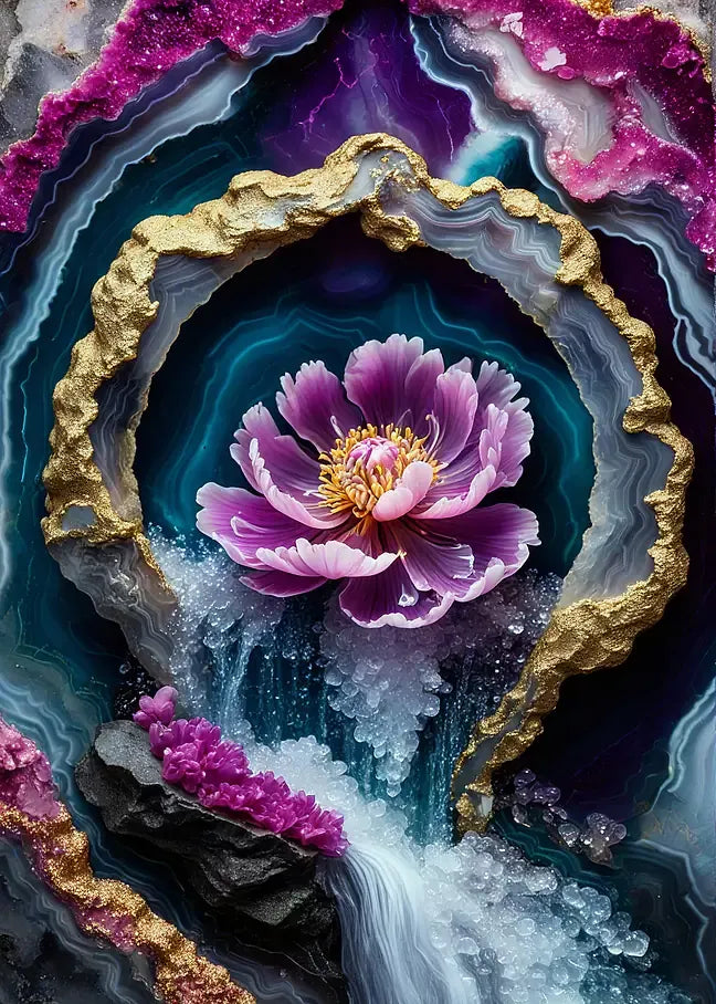 Künstlerische 3D-Darstellung einer aufgeschnittenen Geode mit violetten und petrolfarbenen Schichten, rauen Blattgold-Rändern und einer zentralen Pfingstrose.