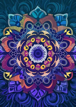 Detaillierte digitale Illustration eines runden Mandalas mit komplexen floralen Mustern in einer kühlen, mystischen Farbpalette.