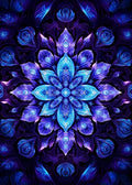 Abstrakte digitale Illustration eines glühenden Mandalas mit floralen und Pfauenfeder-Elementen in tiefem Blau und Violett.