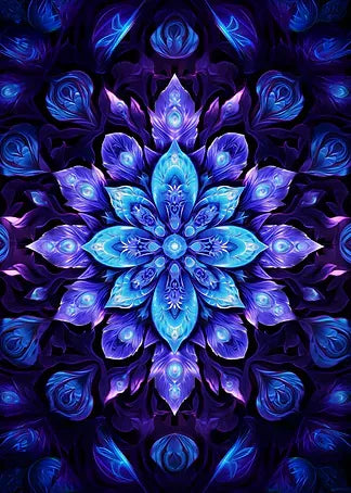 Abstrakte digitale Illustration eines glühenden Mandalas mit floralen und Pfauenfeder-Elementen in tiefem Blau und Violett.