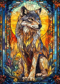 Detaillierte künstlerische Illustration eines Wolfes im Stil eines Bleiglasfensters mit herbstlichen Farben und floralen Rahmen-Elementen.