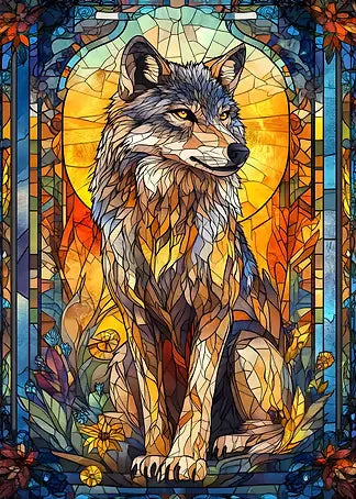 Detaillierte künstlerische Illustration eines Wolfes im Stil eines Bleiglasfensters mit herbstlichen Farben und floralen Rahmen-Elementen.