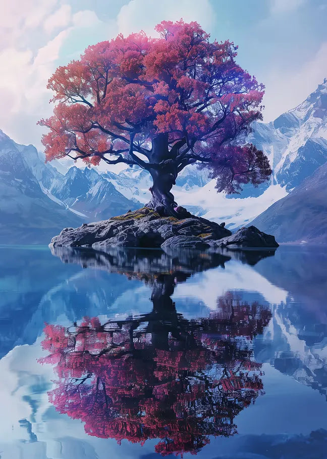Künstlerische Natur-Illustration eines farbenprächtigen Baumes in der Mitte eines ruhigen Gebirgssees bei kristallklarem Licht.