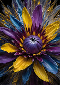 Extreme Nahaufnahme einer abstrakten Blüte im Impasto-Stil mit starken Farbkontrasten in Violett und Gelb, bedeckt mit feinen Wassertröpfchen auf schwarzem Grund.