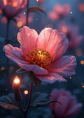 Atmosphärische Makro-Illustration einer rosa Blume im Zwielicht mit einem magisch leuchtenden Zentrum und wunderschönen Bokeh-Lichteffekten im Hintergrund.