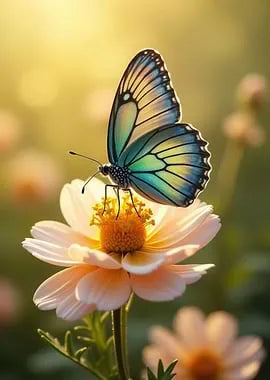 Sanfte Makrofotografie eines Schmetterlings mit transparent wirkenden Flügeln auf einer Frühlingsblume, umgeben von einem warmen, unscharfen Licht-Hintergrund.
