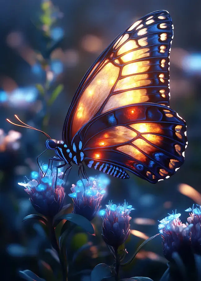 Detaillierte Makro-Illustration eines Schmetterlings, dessen Flügel von innen heraus leuchten, gepaart mit biolumineszenten blauen Blumen im Hintergrund.