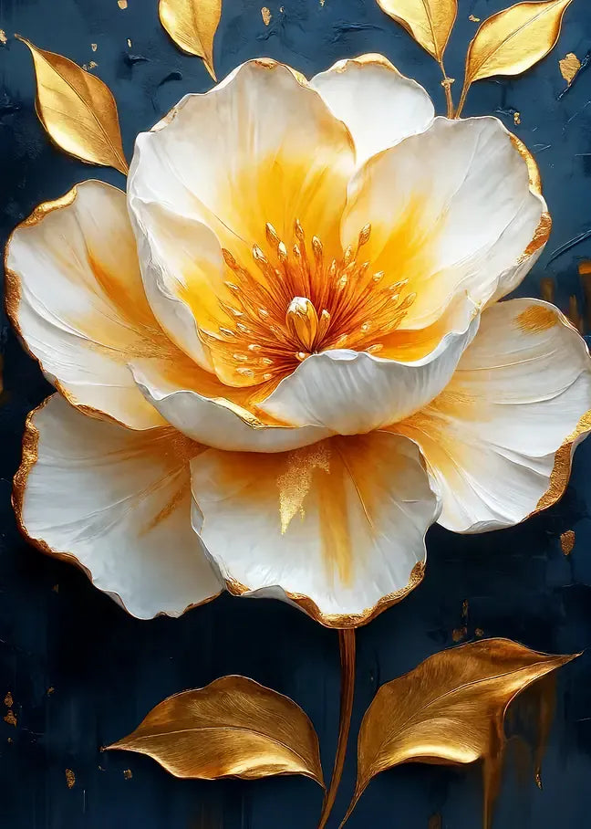 Detailreiches Impasto-Ölgemälde einer eleganten weißen Blüte mit starken Goldfolien-Effekten und dreidimensionaler Textur auf tiefblauem Canvas.