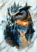 Beeindruckende digitale Kunst einer Eule im Doppelbelichtungs-Stil, kombiniert mit schneebedeckten Bergen, einem Fluss und warmem Sonnenlicht.