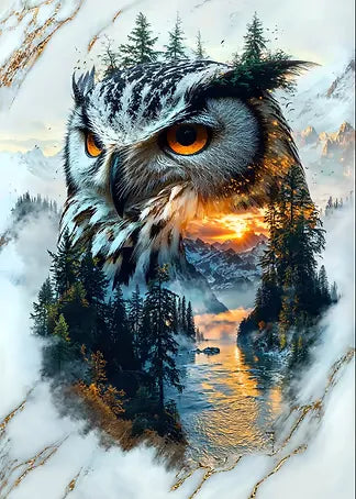 Beeindruckende digitale Kunst einer Eule im Doppelbelichtungs-Stil, kombiniert mit schneebedeckten Bergen, einem Fluss und warmem Sonnenlicht.
