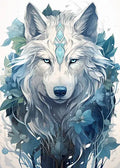 Elegante digitale Kunst eines weißen Wolfes im Fantasy-Stil mit eisblauen floralen Akzenten und leuchtend blauen Augen auf hellem Hintergrund.