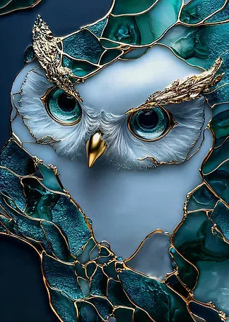 Abstrakte digitale Kunst einer weißen Eule im Geoden-Stil mit tiefgrünen, türkisfarbenen und goldenen fließenden Elementen.