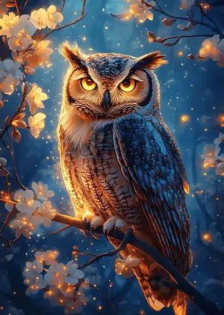 Stimmungsvolle digitale Märchen-Illustration einer Eule in der Dämmerung, umgeben von leuchtenden weißen Blütenzweigen und schwebenden goldenen Lichtpartikeln.