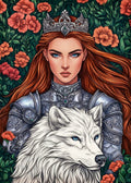 Fantasie-Illustration einer starken weiblichen Kriegerprinzessin in Rüstung mit einem majestätischen weißen Wolf, umgeben von einem Blumenmeer.