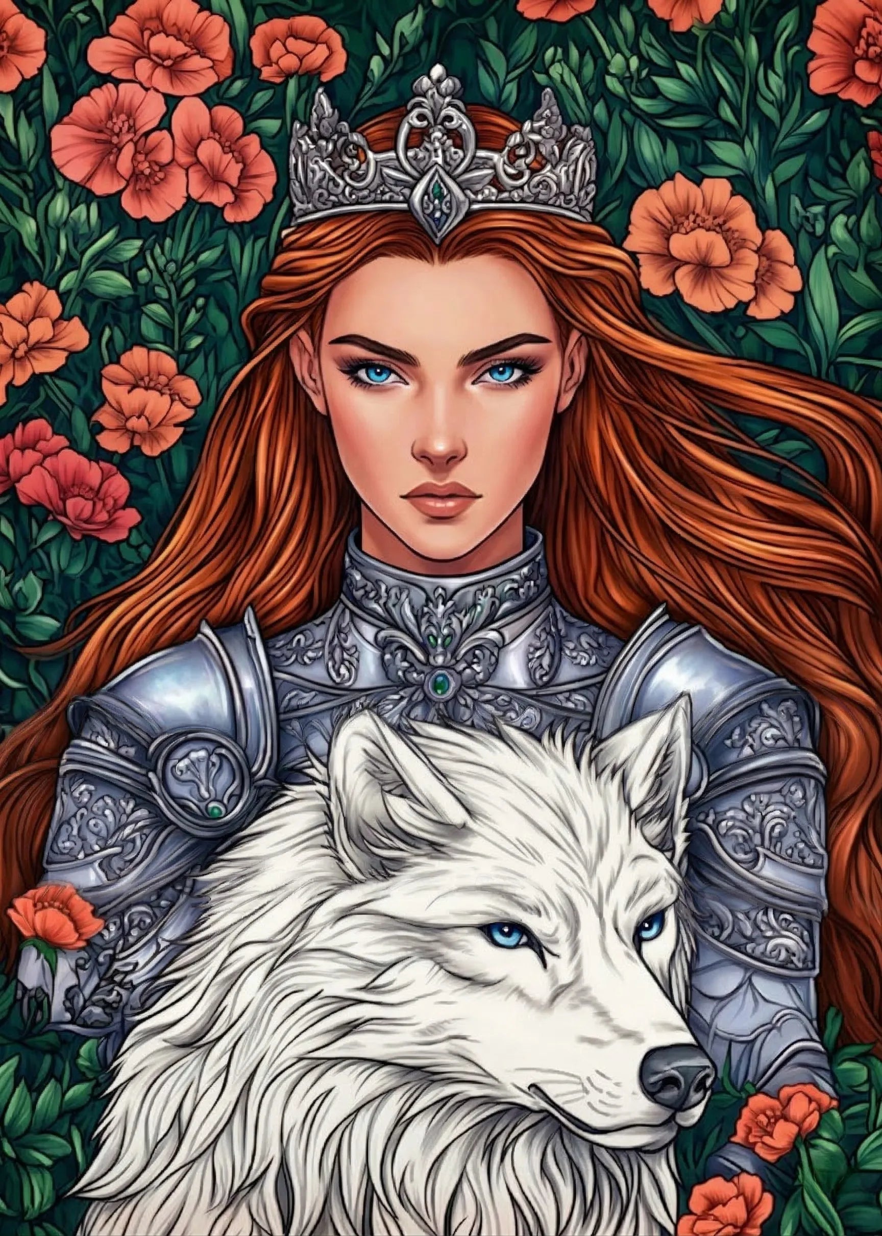 Fantasie-Illustration einer starken weiblichen Kriegerprinzessin in Rüstung mit einem majestätischen weißen Wolf, umgeben von einem Blumenmeer.