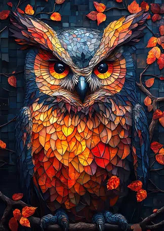 Abstrakte digitale Illustration einer Eule im bunten Mosaik-Stil, umgeben von fallenden Herbstblättern vor einem dunklen strukturierten Hintergrund.