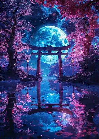 Atemberaubende digitale Kunst eines japanischen Torii-Tores im Wasser, umrahmt von leuchtenden Sakura-Bäumen und einem riesigen blauen Mond am Sternenhimmel.