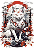 Grafische Illustration eines japanischen Kitsune-Fuchses in Weiß und Rot vor einem Wald und einer großen roten Sonne im Anime-Stil.