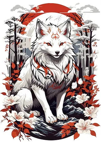 Grafische Illustration eines japanischen Kitsune-Fuchses in Weiß und Rot vor einem Wald und einer großen roten Sonne im Anime-Stil.
