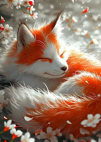 Digitale Illustration eines flauschigen, schlafenden Fuchses im warmen Sonnenlicht, umgeben von herabfallenden weißen Blütenblättern.