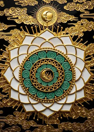 Spirituelle Illustration eines weißen und goldenen Lotus-Mandalas mit himmlischen Symbolen und goldenen Wolken im edlen orientalischen Stil.