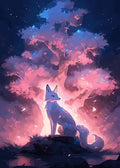 Digitale Kunst eines weißen Fuchses unter einem leuchtenden Baum in einer Sternennacht mit weicher Spiegelung im ruhigen Wasser.