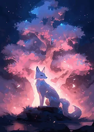 Digitale Kunst eines weißen Fuchses unter einem leuchtenden Baum in einer Sternennacht mit weicher Spiegelung im ruhigen Wasser.