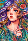 Kunstvolle Aquarell-Illustration einer Elfe im Jugendstil, umgeben von pastellfarbenen Rosen, filigranem Schmuck und einem kleinen weißen Vogel.