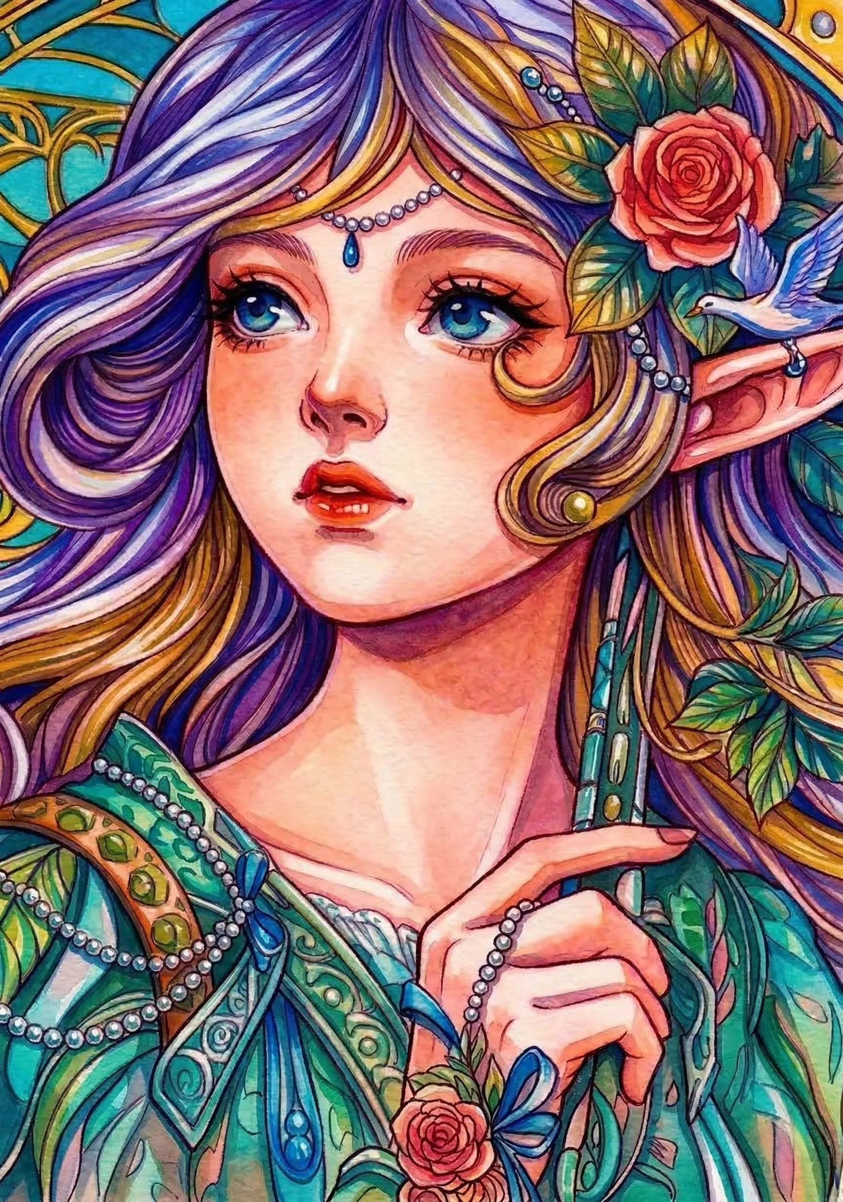 Kunstvolle Aquarell-Illustration einer Elfe im Jugendstil, umgeben von pastellfarbenen Rosen, filigranem Schmuck und einem kleinen weißen Vogel.
