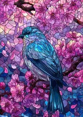 Künstlerische Illustration eines blauen Vogels in rosa Blüten, im klassischen Stil eines Bleiglasfensters mit lebendigen Lichtreflexionen.