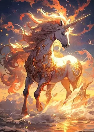 Originale Kunstvorlage des flammenden Einhorns im goldenen Licht des Abendrots als Vorlage für Diamond Painting