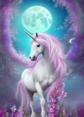 Originale Kunstvorlage des Einhorns unter dem violetten Vollmond als hochwertige Malvorlage für Diamond Painting