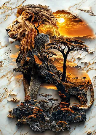 Originale Kunstvorlage der surrealen Löwen-Doppelbelichtung mit Afrika-Landschaft und goldenen Marmor-Details