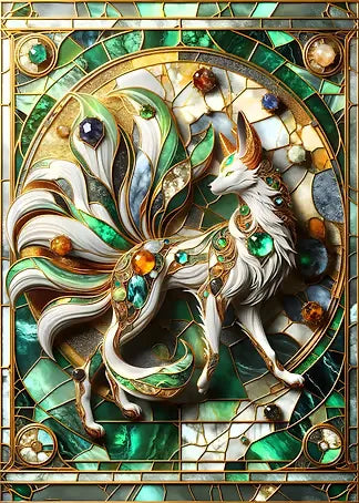 Originale Kunstvorlage des neunschwänzigen Fuchses im Buntglas-Design mit goldenen Details