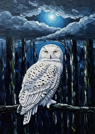 Beeindruckende digitale Kunst einer Schnee-Eule im Wald bei Nacht, gemalt mit groben, strukturierten Pinselstrichen in der traditionellen Impasto- und Spachteltechnik.