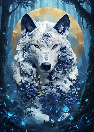 Elegante digitale Fantasy-Illustration eines weißen Wolfes mit detaillierten blauen Blumenverzierungen und einem goldenen Hintergrund in einem mystischen Wald.