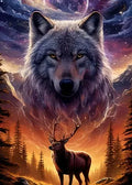 Epische digitale Illustration eines Wolfes und eines Hirsches in einer mystischen Berglandschaft mit Sternen und warmem Abendlicht.
