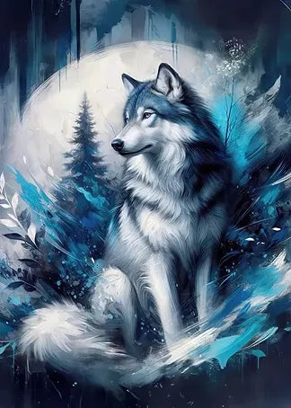 Künstlerische digitale Aquarell-Illustration eines Wolfes in kühlen blauen, weißen und schwarzen Farbtönen mit einem großen Mond im Hintergrund.