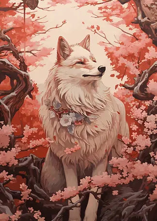 Sanfte Illustration eines weißen Wolfes in einem Frühlingswald, umrahmt von detaillierten rosa Kirschblüten und Ästen in warmen Pastellfarben.