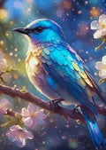 Künstlerische Illustration eines schimmernden Vogels auf einem Kirschblütenast in einem verträumten, nächtlichen Garten mit Lichteffekten.