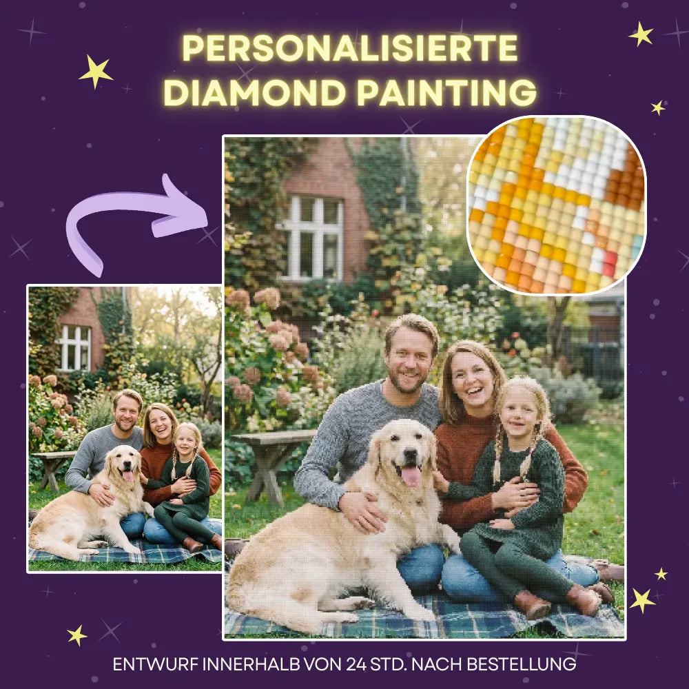 Personalisierte Diamond Painting Leinwand mit dem eigenen Foto einer getigerten Katze am Schreibtisch. Das Bild zeigt das Layout des Komplettsets inklusive Werkzeug-Set.