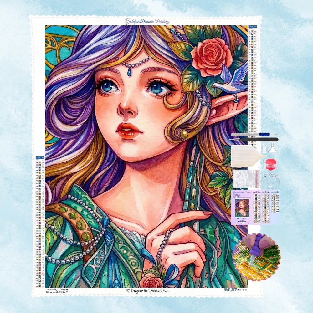 5D Diamond Painting Motiv: Ein zartes Porträt einer schönen Elfe mit Perlen und Rosen im Haar, gestaltet im romantischen Vintage-Aquarell-Stil.