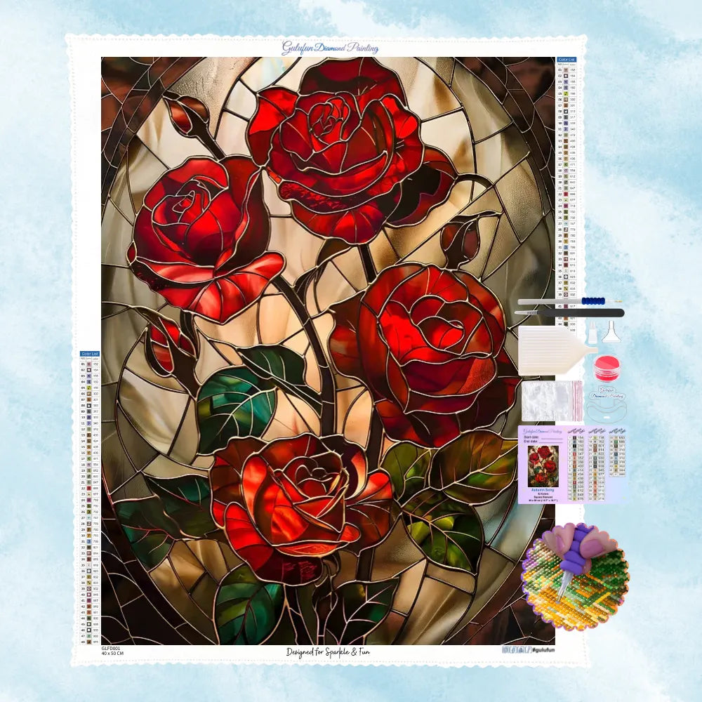 5D Diamond Painting Motiv: Klassische rote Rosen mit tiefgrünen Blättern im eleganten Buntglas-Stil vor einem warm beleuchteten, bernsteinfarbenen Hintergrund.