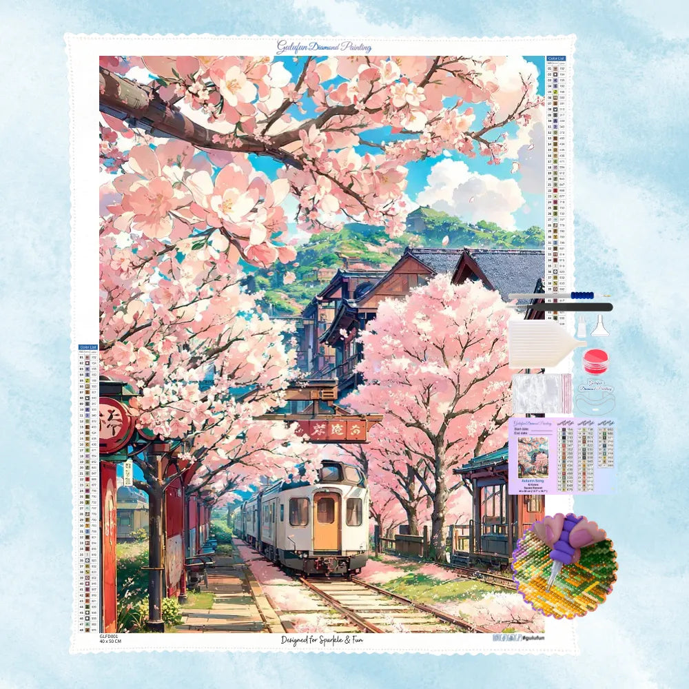 5D Diamond Painting Motiv: Ein nostalgischer weißer Zug fährt durch eine traditionelle japanische Station, umgeben von einem Meer aus blühenden rosa Kirschbäumen unter blauem Himmel.