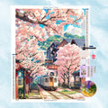 5D Diamond Painting Motiv: Ein nostalgischer weißer Zug fährt durch eine traditionelle japanische Station, umgeben von einem Meer aus blühenden rosa Kirschbäumen unter blauem Himmel.